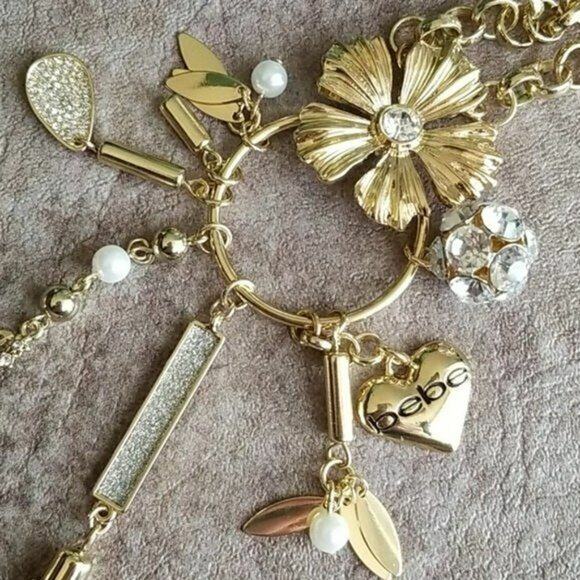 Bebe women's gold toned dangle tassel charm necklace NEW - Picture 3 of 5